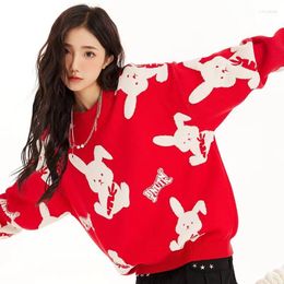 Women's Sweaters 2023 Autumn Lady Pattern Red Thickening Sweater Women Round Neck Casual Loose Comfortable Long Sleeve Knitting Tops