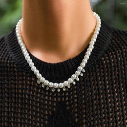 Pendant Necklaces KunJoe Punk Imitation Pearl Rhinestone Choker Necklace For Men Vintage White Beaded Hip Hop Clavicle Chain Jewellery