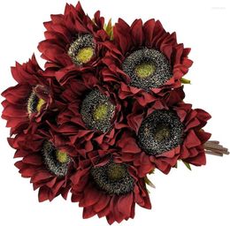 Decorative Flowers 7PCS Artificial Sunflowers Silk Fall Vintage Burgundy Decorations For Home Wedding Party Bulk Dark Center