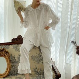 Women's Sleepwear Spring Autumn Cotton Sweet Princess Long-Sleeved Pyjamas White Round Neck 2 Piece Women Wear Pijama Mujer Cute Lace