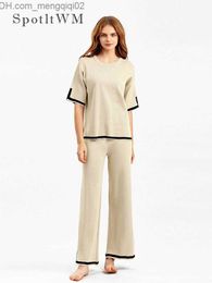 Women's Sweaters Women's Contrast Knitted Sweater Two Piece O-Neck Sweater and Split Wide Leg Trouser Set 2023 Autumn/Winter Casual Set Z230811