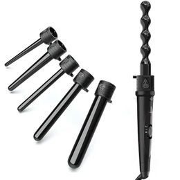 6-In-1 Curling Iron Wand Set, 5pcs Curling Wand Set 0.35 To 1.26 Inch Interchangeable Ceramic Barrel With Heat Protective Glove, Dual Voltage Hair Curler