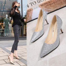 Dress Shoes 2023 Autumn Sequin Pointed Toe Party Flash High Heels Slip-On Women's Sexy Stiletto 7.5CM Pumps Large Size 35-46