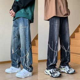 Men's Jeans Tiedyed Straight Hip Hop Neutral Denim Trousers Loose Wide Leg Street Cargo Pants Man chain Baggy Large 5xl 230810