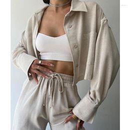 Women's Tracksuits Casual Women S Loungewear Set Long Sleeve Button Down Shirt And Wide Leg Drawstring Pants - 2 Piece Tracksuit For