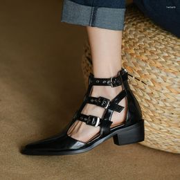 Sandals Pointed Toe Goth Shoes For Women Buckles Gladiator Summer Boots Med Heel 4.5CM Roman Style Daily