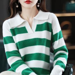 Women's Sweaters Arrivals Women Sweater Pure Wool Knitted Pullover Autumn Turn-down Collar Striped Jumper For Female Soft Shirt Girl Top