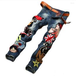 Men's Jeans European American Fashion Straight Tube Denim Pants Motorcycle Embroidered Beauty Badge Stitching Male Trousers