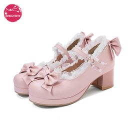 Dress Shoes Girls Sweet Lolita Ruffles Bowknot Lace Bridal Wedding Shoes Women High Heel Bordered Princess Dress Men Pink Plus Size 34-48 230810