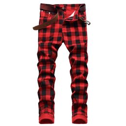 Men's Jeans Men Red Plaid Printed Pants Fashion Slim Stretch Jeans Trendy Plus Size Straight Trousers2974