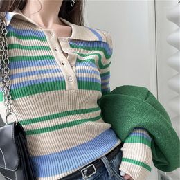 Women's Sweaters Korean Version Fashion Polo Collar Striped Knitted Shirt Short Paragraph Slim Bottoming Tops Sweater Women Clothing