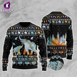 Men's Sweaters Men Women Into The Forest Elephant Ugly Christmas Xmas Happy Knitting Long Sleeve Jumpers 3D Print Crewneck Sweatshirt 230810