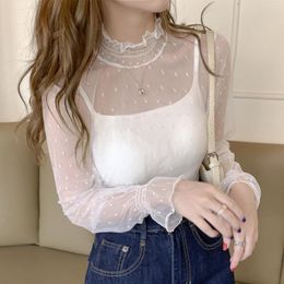 Women's T Shirts White High Collar Lace Ruffles Edge Blouse Long Sleeve Shirt Autumn Dot Mesh Bottomed Top Kawaii Transparent