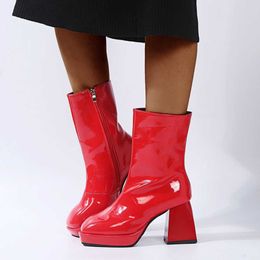 2023 Autumn and Winter New Fashion Round Head Elastic Slim Boots Waterproof Platform Patent Leather Thick Heel Short Sleeve Martin Boots 230811