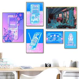 Neon Blue Girl Vaporwave Style Canvas Painting Game Handle Anime Posters Wall Art Decoration Kawaii Room Boys Game Bedroom Home Decor No Frame Wo6