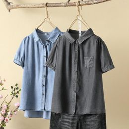 Women's Blouses Plus Size Womens Tops And Denim Blouse Woman Novelty 2023 Short Sleeve Turndown Collar Grey Blue Shirts Oversized