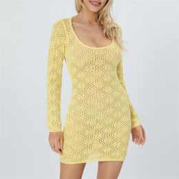 Casual Dresses Women Knitted Crochet Bodycon Yellow Long Sleeve Scoop Neck Tie-up Open Back Slim Cutout See Through Dress Beach Street