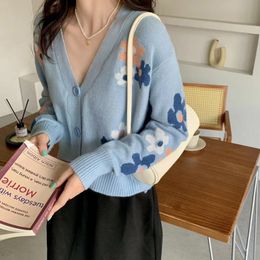 Womens Sweaters Cotton Open Front Cardigan V Neck Women Long Sleeve Sweater Single Breasted Jacket Coat Flower Pattern Casual Vacation Outfit 230811