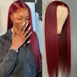 180%density 99J Red Burgundy Peruvian Straight Wig 13x4 Lace Front Wig Human Hair Wigs Pre-Plucked Remy 4x4 Lace Closure Wig for Women