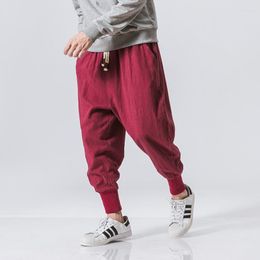 Men's Pants Cotton Linen Harem Men Solid Elastic Waist Streetwear Joggers 2023 Baggy Drop-crotch Casual Trousers Male