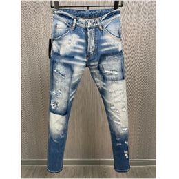 Men's Jeans Men's Fashion Casual Hole Spray Painted Jeans Trendy High Street Denim Fabric Pants 9878# 230810