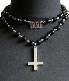 Pendant Necklaces 666 Symbol Gothic Silver Inverted Cross Pendant Necklace Black Bead Necklace J230811