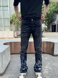 Men's Jeans Black Bell Pants Graffiti Painting Casual Streetwear Slim Fit Ripped Flared Trousers Street Denim