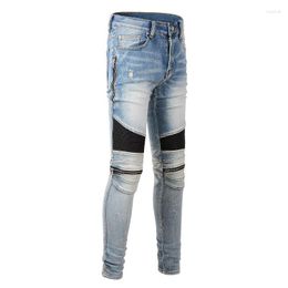 Men's Jeans 2023 Vintage Punk Spliced Zipper Pleated Designer Pants Men For Motorcyle Streetwear Worn Denim Trousers