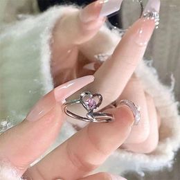 Cluster Rings Fashion Silver Colour Cupid Arrow Open Ring KPOP Pink Acrylic Crystal Adjustable For Women Elegant Jewellery Wholesale