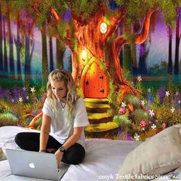 Tapestries Customizable Psychedelic Rug Giant Mushroom Castle Witchcraft Hippie Kids Room Decoration Fairytale Fantasy Tapestry R230811