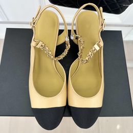 Dress Shoes Spenneooy Summer Fashion Round Toe Patchwork Coarse Heel Women's Shallow Mouth Metal Chain Buckle Strap High Heeled