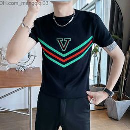 Men's Sweaters 2022 Autumn Men's Short Sleeve Knitted Sweater Men's Slim Fit Letter Jacquard Round Neck Drawn Men's Knitted T-shirt Plus Size 3XL Z230811