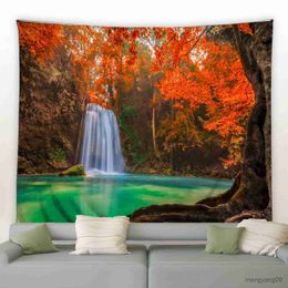 Tapestries Customizable Beautiful Cave Waterfall Tapestry Forest Landscape Wall Hanging Boho Style Room Bedroom Home Blanket R230811