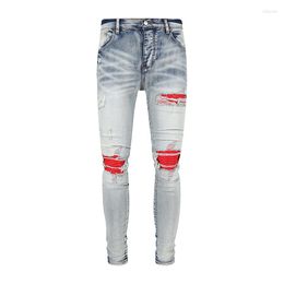 Men's Jeans 23 Arrivals Fashion Streetwear Blue Casual Distress Red Lint Patchwork Slim Denim Pants For Men Trousers