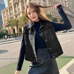 Women's Vests Vintage Women Black Chain Tassel Short Denim Vest Big Pocket 2023 Spring Autumn Lapel Sleeveless Jeans Waistcoat Female