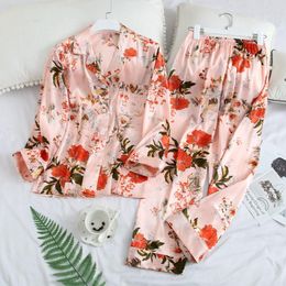 Women's Sleepwear Ice Silk Shirt Pant Lapel Home Clothes Loungewear 2Pcs Printing Flower Women Pyjamas Nightwear Long Sleeve Homewear Sleep