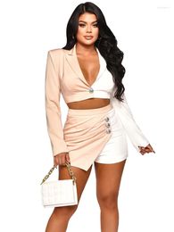 Women's Tracksuits Szkzk Colour Clash Set Long Sleeve V-neck Crop Top And Irregular Shorts High Waist Birthday Party Sexy Two Piece