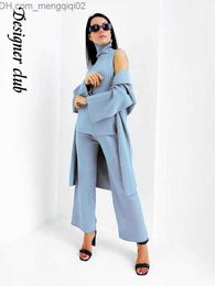 Women's Sweaters Elegant Solid Three Piece Women's Sweater Set Fashion Plain Neck Tank Top Long Cardigan Pants Set 2023 Autumn Women's Casual Street Wear Z230811