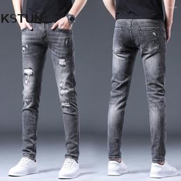 Men's Jeans Hip Hop For Men Ripped Stretch Gray Slim Skinny Fit 2023 Autumn Distressed Frayed Patchwork Male Denim Pants Punk
