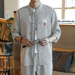 Ethnic Clothing Chinese Style Mens Tops Tang Suit Linen Long Sleeve Traditional Wu Uniform China Hanfu Shirt Plus Size M-5XL CN-161