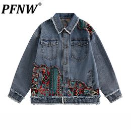 Men's Jackets PFNW Ethnic Style Patchwork Rough Edge High end Denim Men Women's Spring Autumn Street Trend Versatile Tops Coat 12Z2372 230810