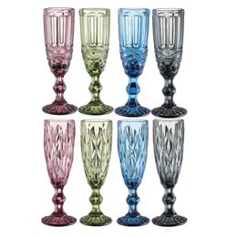 Wine Glasses Cup Coloured Glass Goblet Tumblers with Stem Vintage Pattern Embossed Romantic Beers Drinking Champagne Drinkware for Party Wedding Holiday Festival
