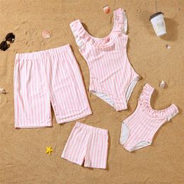 Family Matching Outfits Striped Family Matching Outfits Ruffled Mother Daughter Swimsuits Beach Mommy and Me Swimwear Clothes Father Son Swimming Shorts