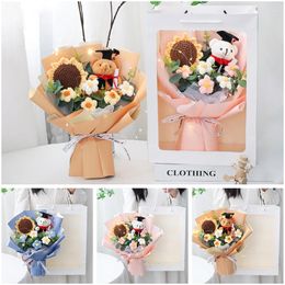 Decorative Flowers Crochet Bouquet Knitted Sunflower With Led Lamp Fake For Wedding Birthday Teacher's Day Gift Room Decor