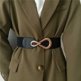 Belts New Gold Alloy Big Buckle Belts For Women Lady Fashion Elastic Waistbands Brown Stretch Wide Waist Seals Girls Dress Accessories