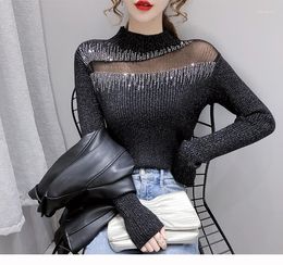 Women's Sweaters 2023 Autumn Design Stand Collar Gauze Patched Sexy Rhinestone Knitted Long Sleeve Sweater Shirt Knits Tees