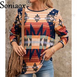 2022 Vintage Ethnic style Printed T-Shirt Women Clothing Loose Round Neck Western Style Digital Colour Long Sleeve T Shirts Tops T230811