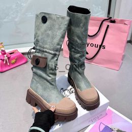 Boots Cowgirl Boots For Women Free Shipping Knee High Chunky Heel Button Elastic Autumn Winter Denim Retro Classic Western Booties J230811
