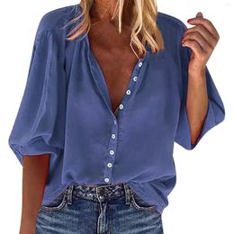 Women's Blouses Solid Colour Casual Top Seven Point Sleeved Summer Ruff Blouse V Neck Colla Shirt