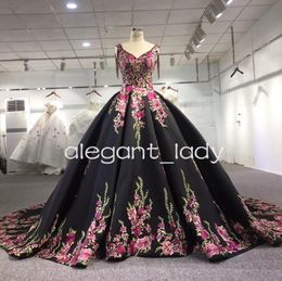 Black Princess Mexican Charro Quinceanera Dresses Floral Embroidery Tassel Lace-up Corset vestidos de 15 anos quinceaneras